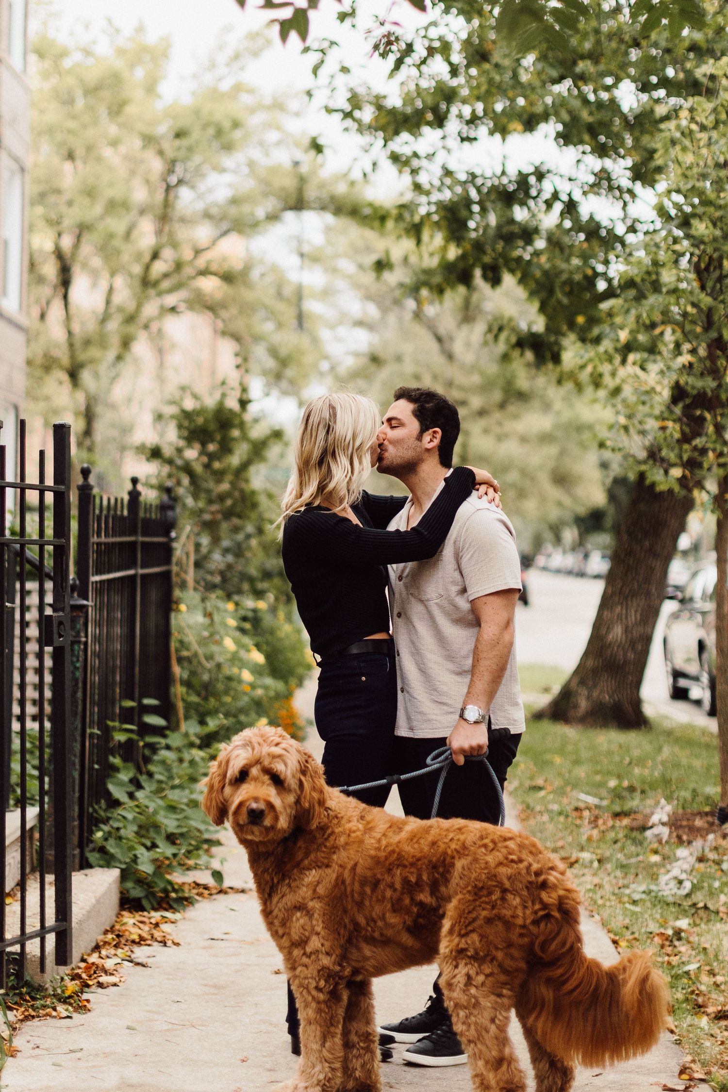 A couple walks their golden doodle dog along a tree-lined path on an autumn day.