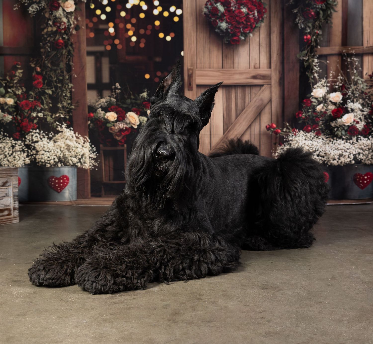 A black Scottish Terrier dog sits on a rustic porch decorated with festive holiday wreaths and twinkling lights.