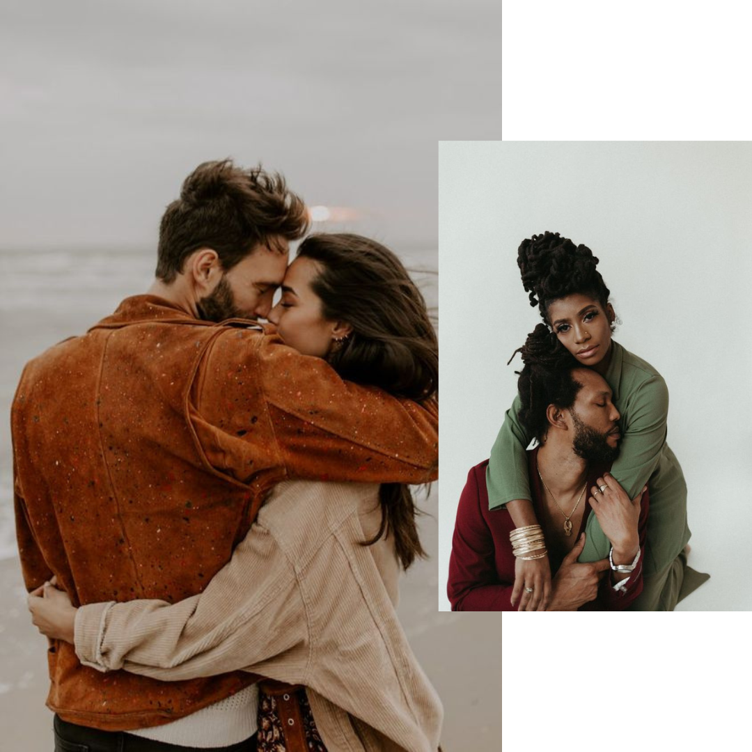 Split image showing intimate couples embracing, one in brown suede and one in casual clothing.
