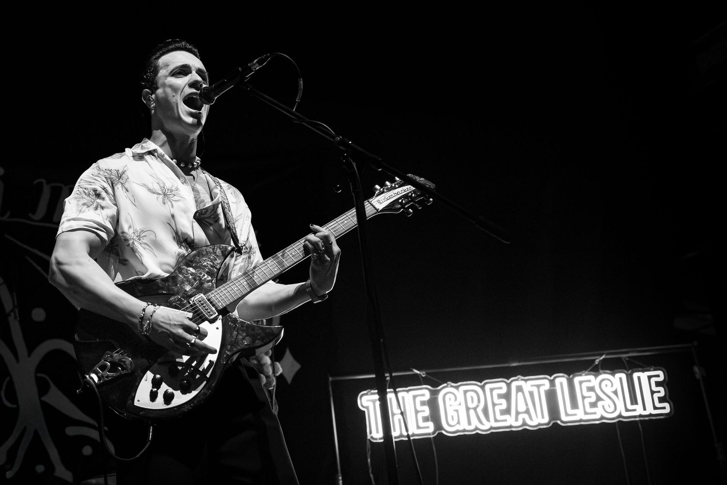 Black and white performance photos showing a dramatic singer on stage in dynamic poses against a dark background.