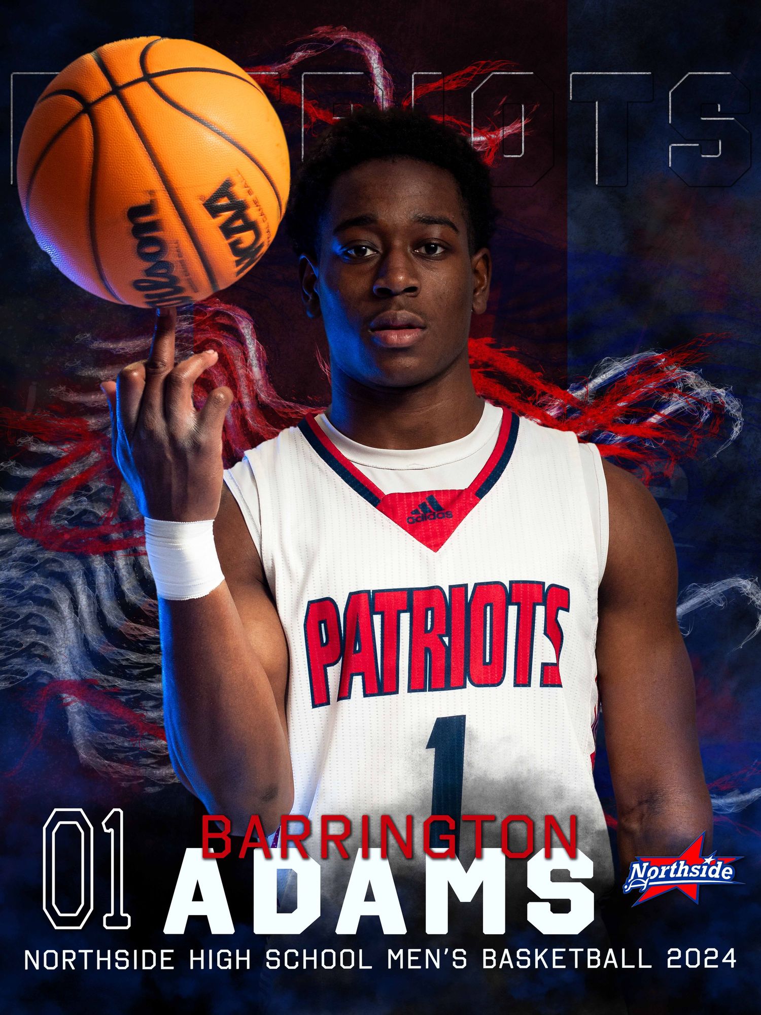 Basketball player in white Patriots uniform poses for sports photo shoot against dark background with dramatic lighting.