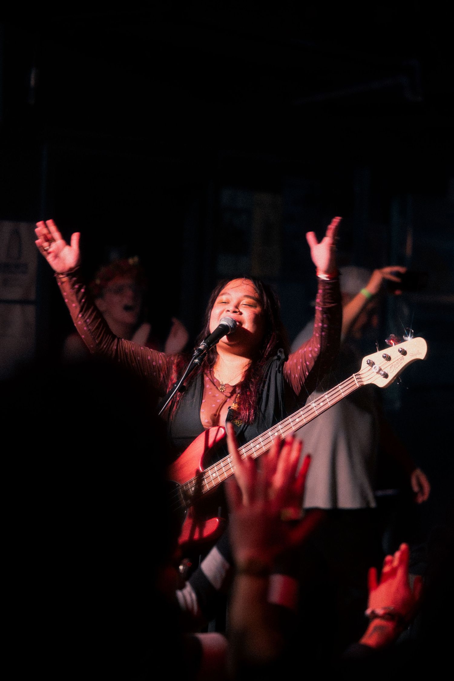 The lead singer of Karass celebrates closing the show at the end of their set at Subterranean in Chicago
