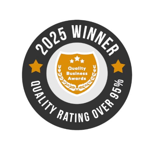 Collection of business award badges showing quality ratings and winner status with black and gold color scheme.