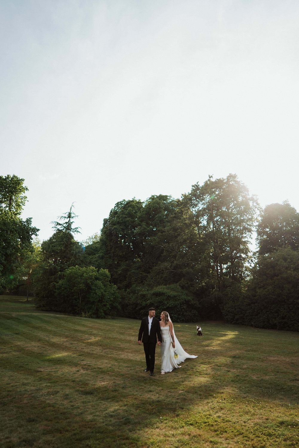 A couple in wedding attire walks together across a sunlit grassy hillside as golden hour light streams through the trees.