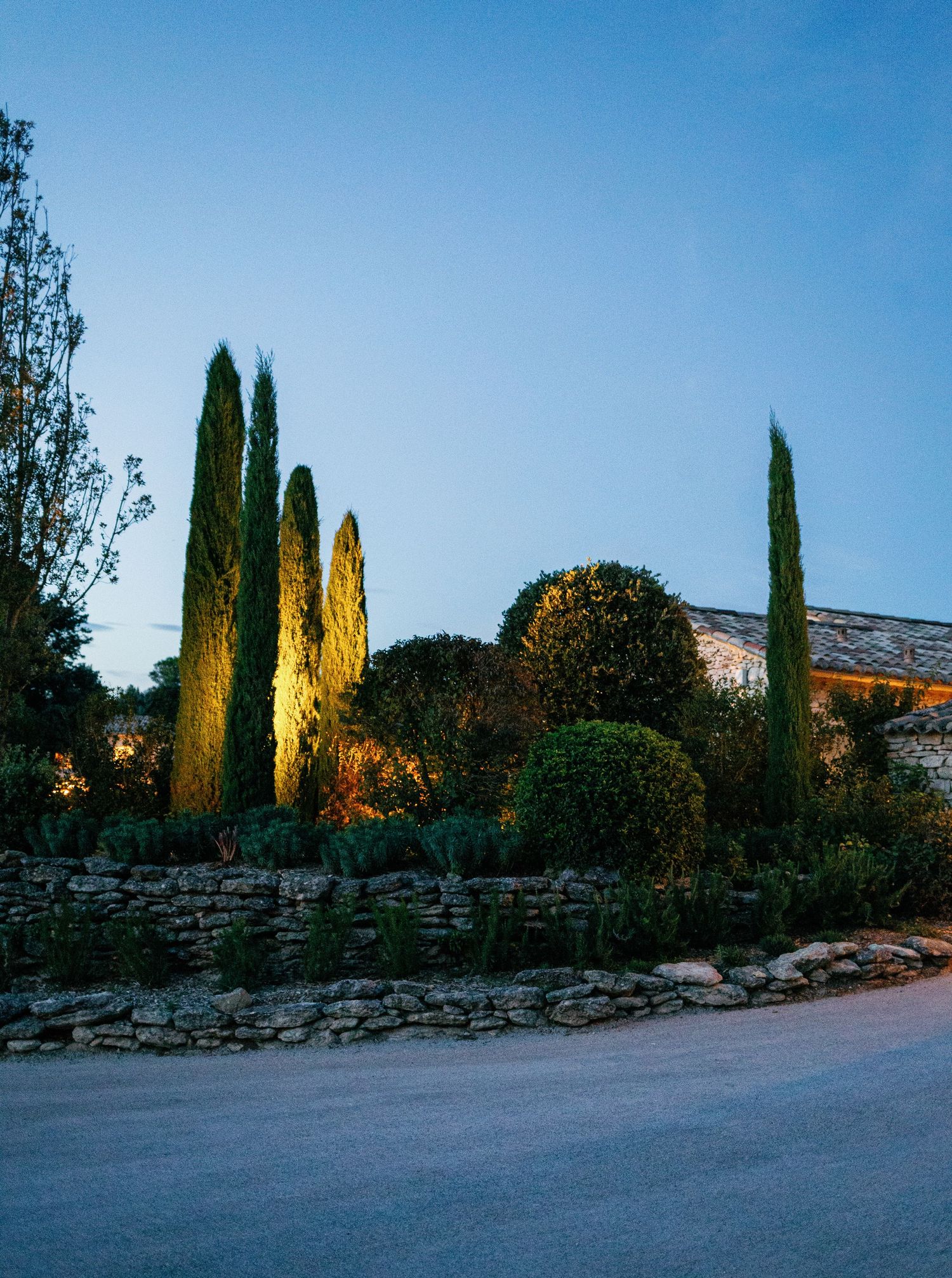Tall cypress trees and stone wall create a dramatic silhouette against dusk sky in a Mediterranean garden setting.
