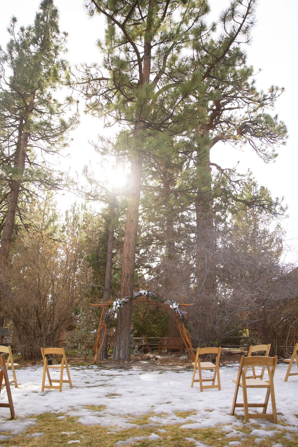 A ceremony set up on during a winter wedding in Big Bear.