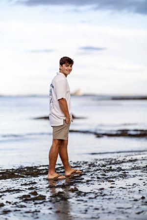High school senior portrait at sunset at New Castle, NH