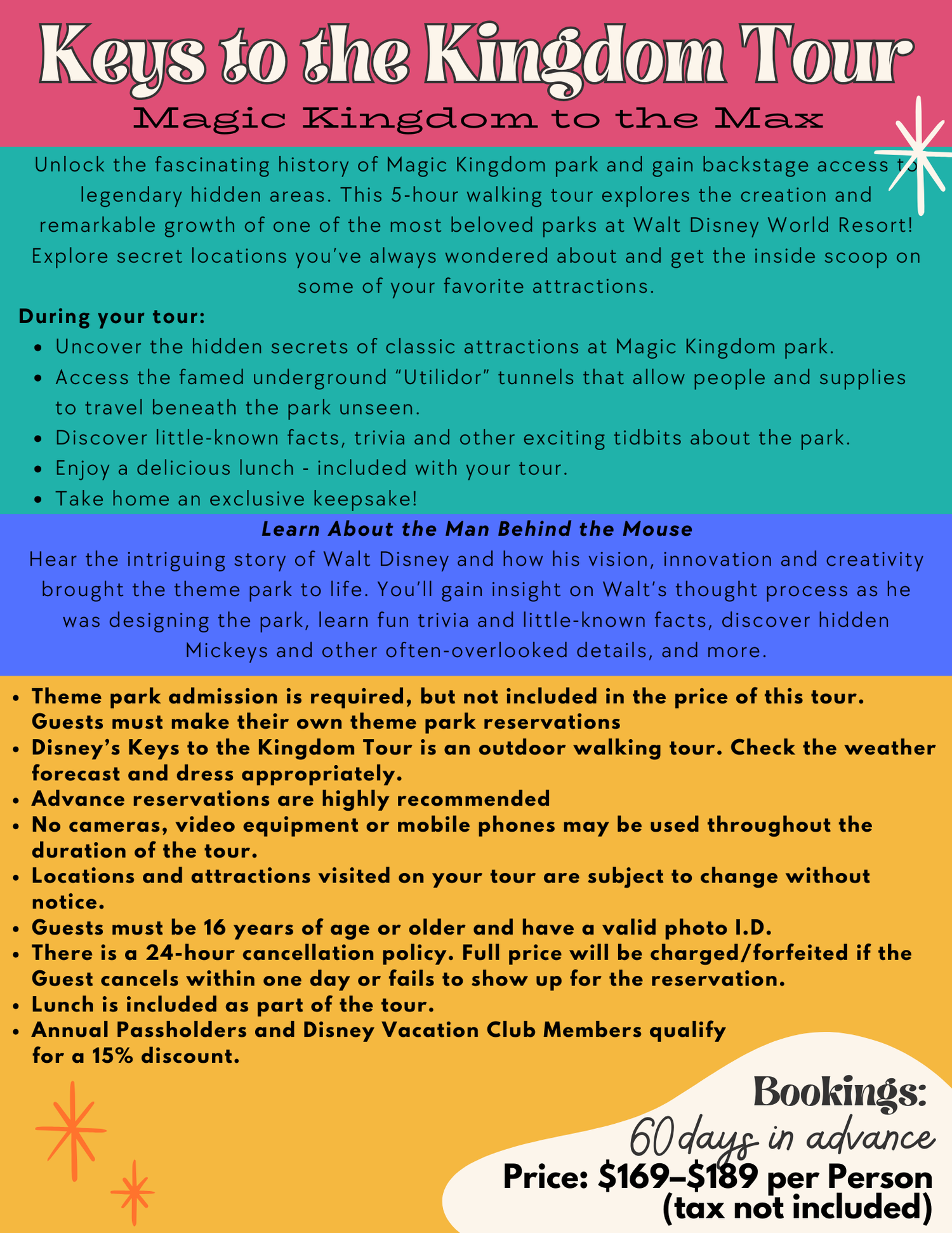 Tour information poster for Magic Kingdom with colorful wavy design and text about behind-the-scenes experiences.