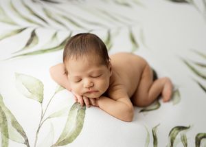 Minimalist newborn photography featuring gentle leaf patterns and neutral tones.