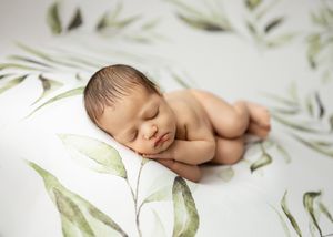 Serene newborn portrait with watercolor-style foliage details.