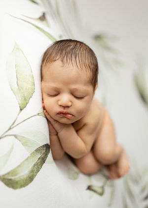 Dreamy newborn photography with soft lighting and botanical elements on white backdrop.