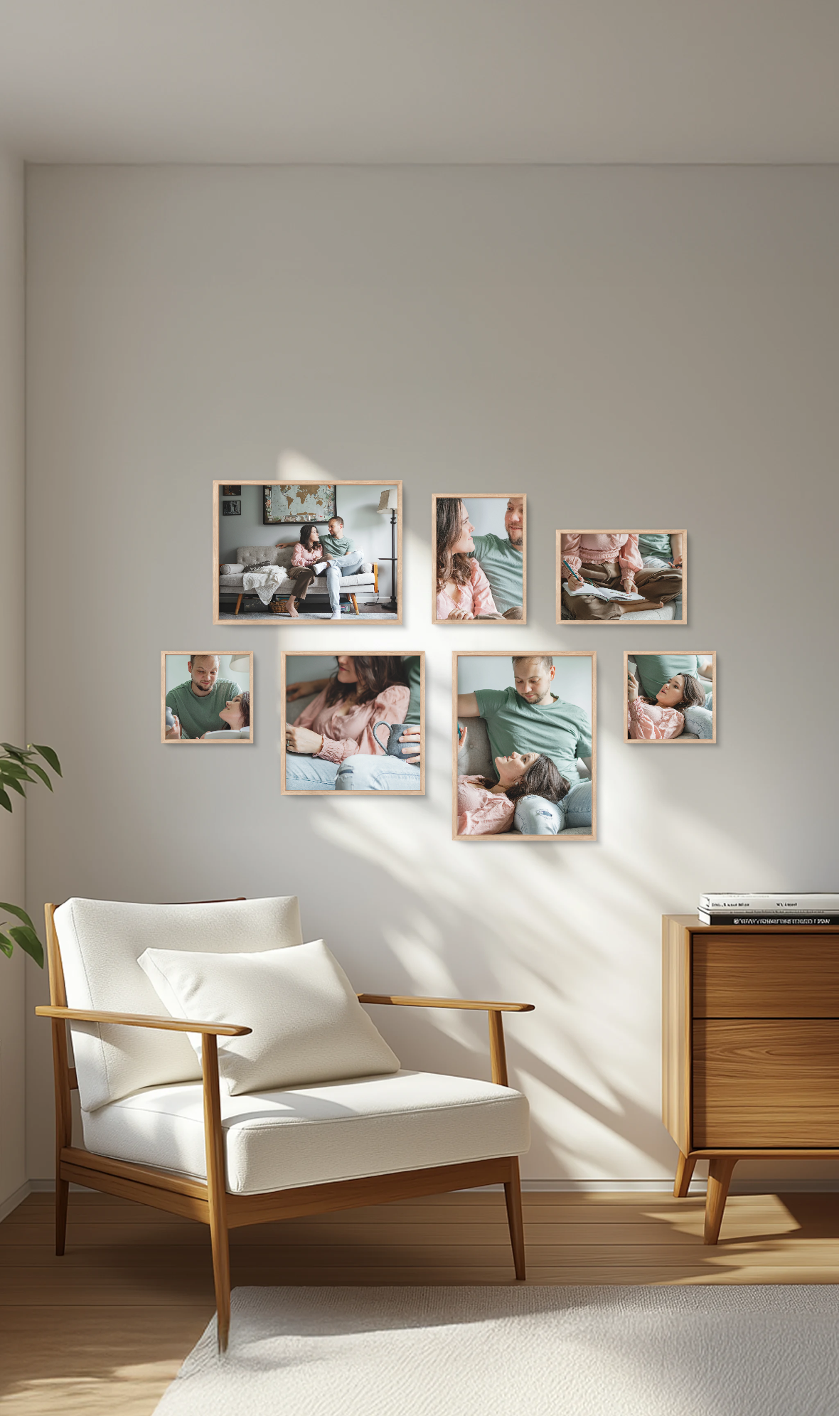 Warm-toned gallery wall in a mid-century modern room featuring lifestyle photos of a couple relaxing on a couch spending time together