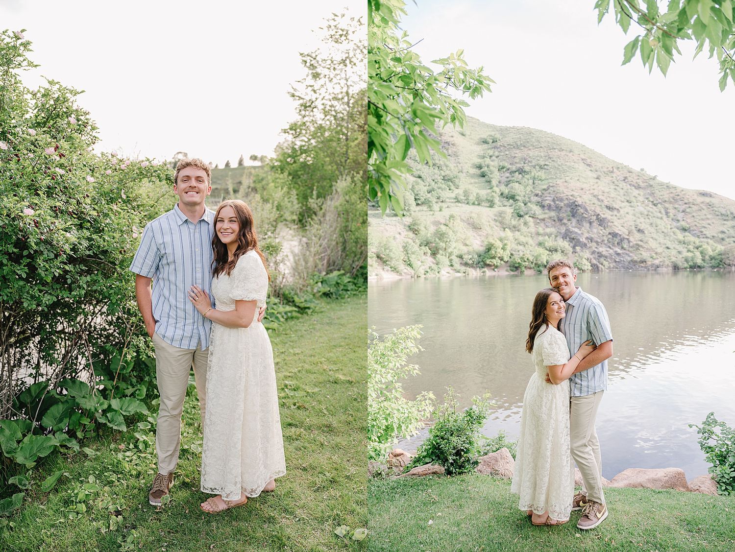 Two romantic engagement photos captured in a scenic mountain landscape with a serene lake backdrop.