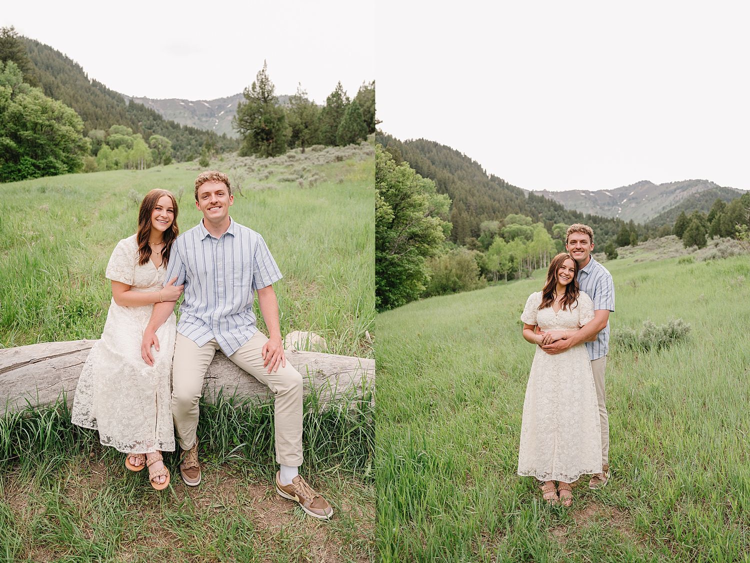 Two people pose together in a scenic mountain meadow wearing light colored summer outfits.