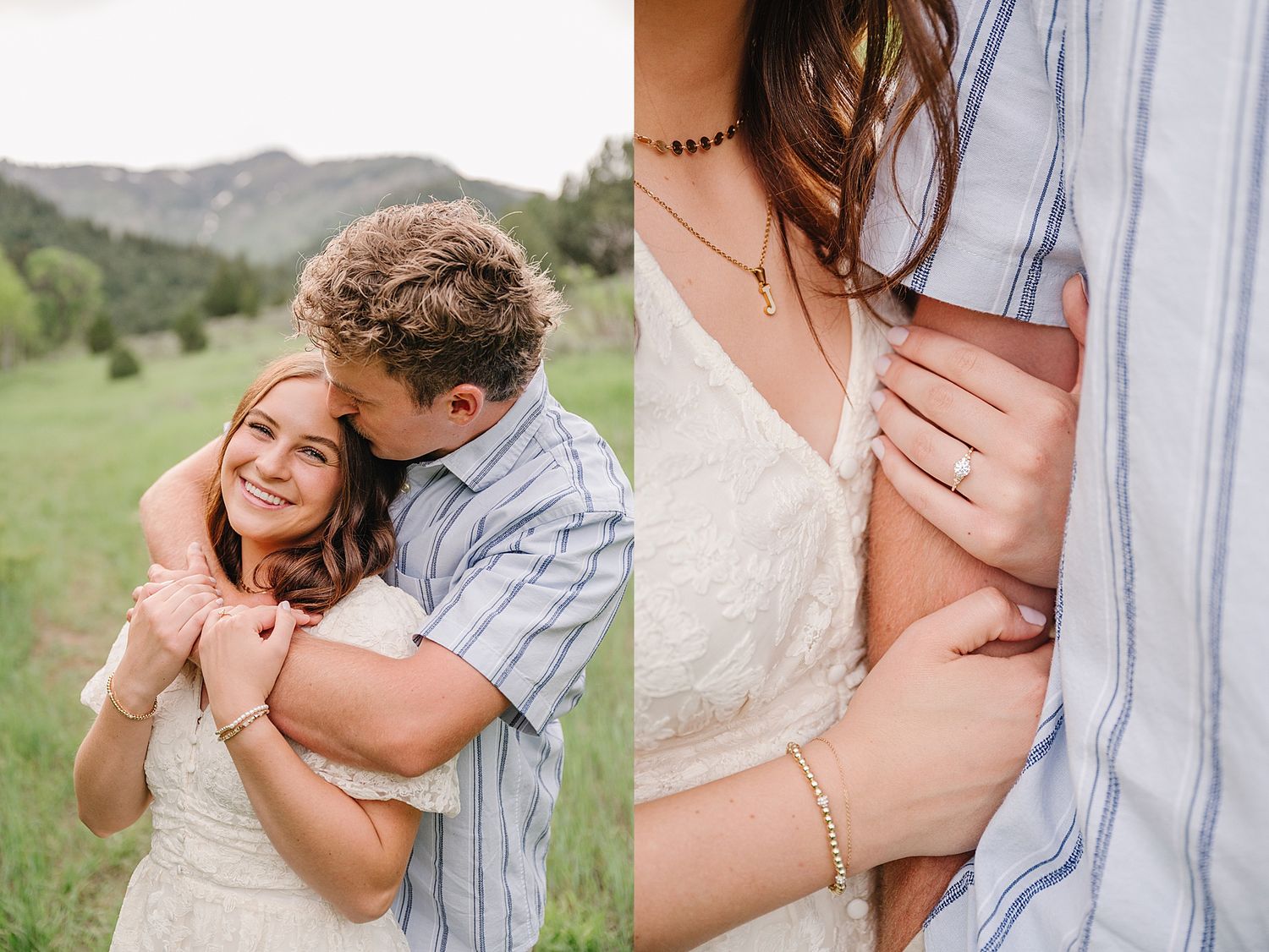 Two people embrace lovingly outdoors with mountains and greenery in background, split image shows close-up of hands and jewelry.