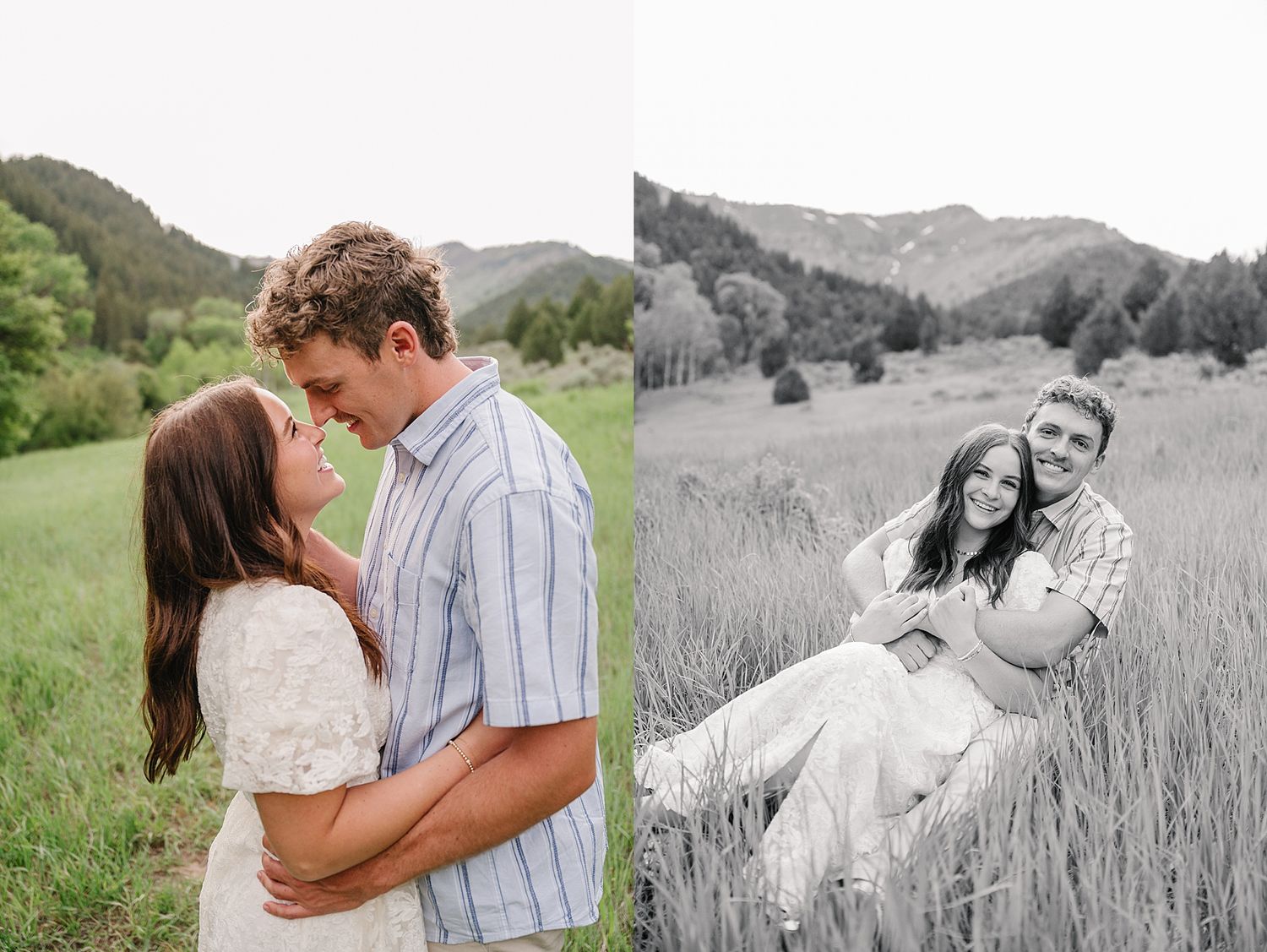 Couple sharing romantic moments in countryside meadow with mountain views, shown in color and black and white.