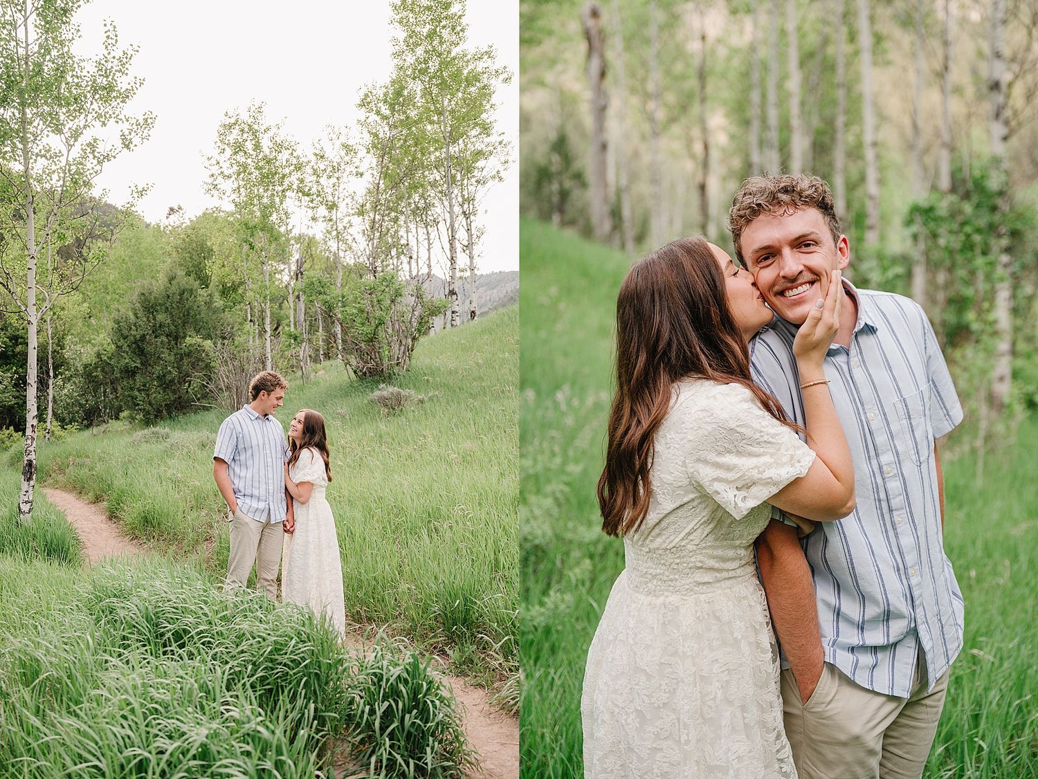 Loving couple shares tender moments on a scenic mountain trail surrounded by aspen trees in summer.