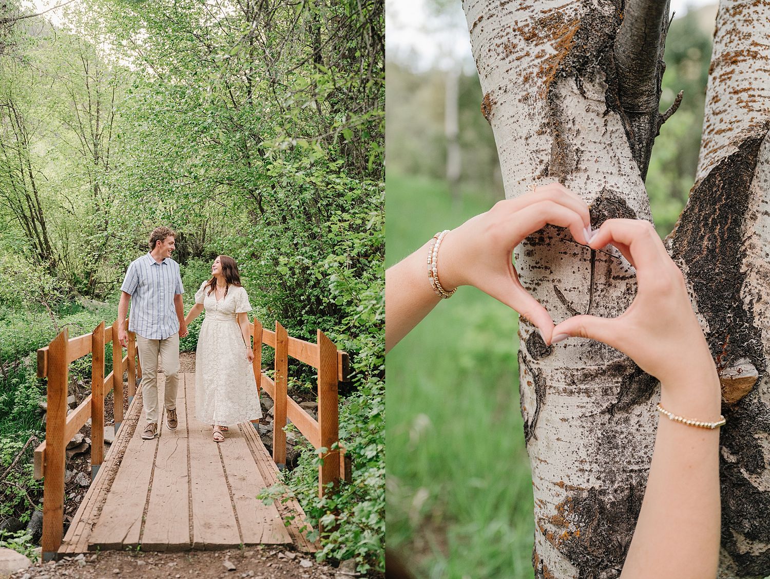 A wooden footbridge in a lush forest setting beside hands forming a heart shape against a birch tree trunk.