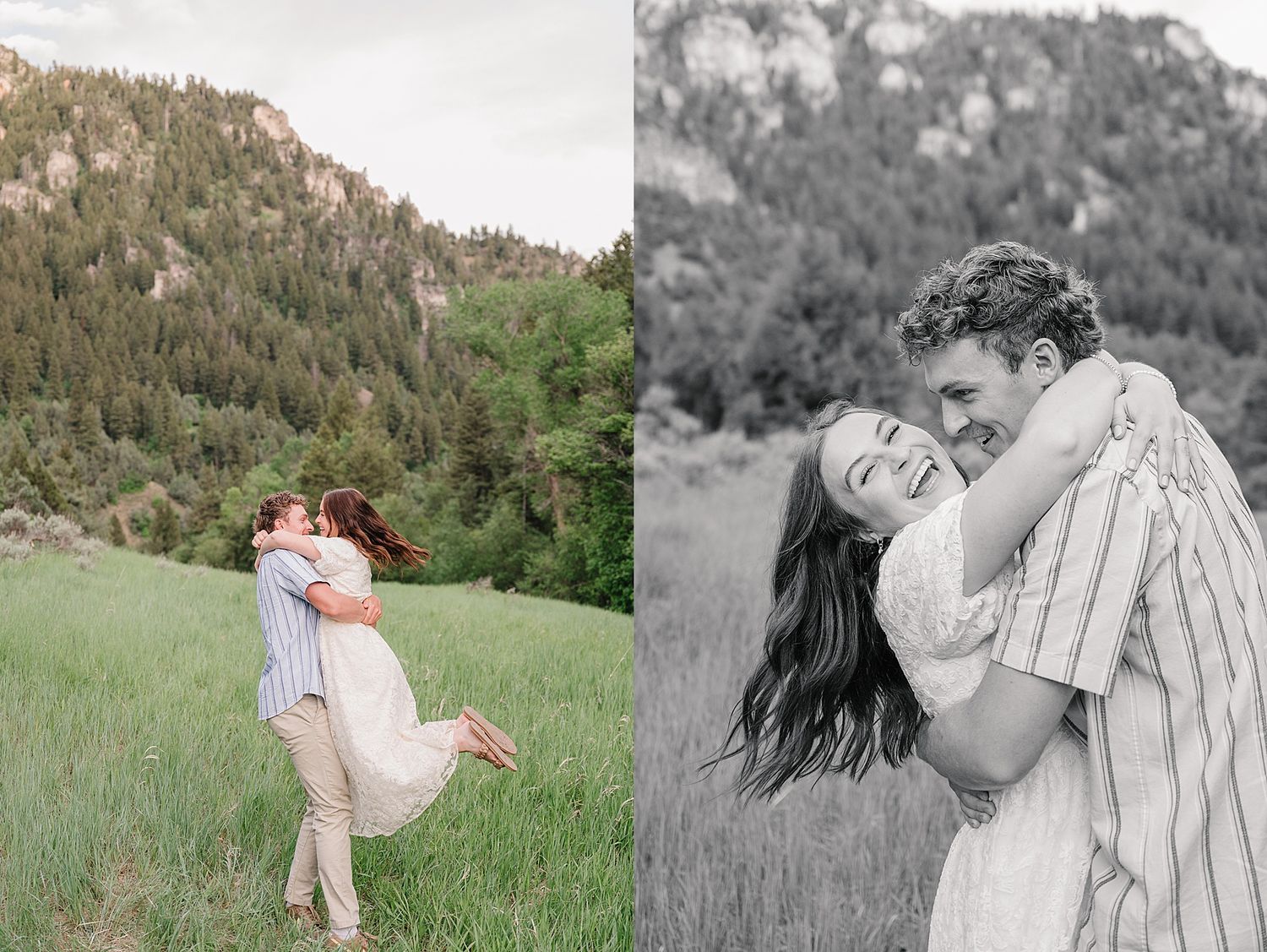 A joyful couple embraces in beautiful mountain meadows captured in color and black and white.