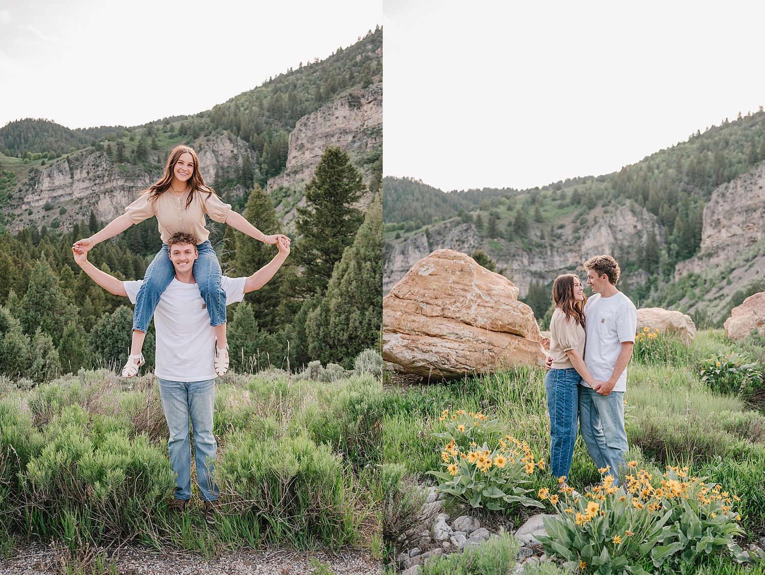 Three people enjoying outdoor portraits in a scenic mountain landscape with wildflowers and rocks.