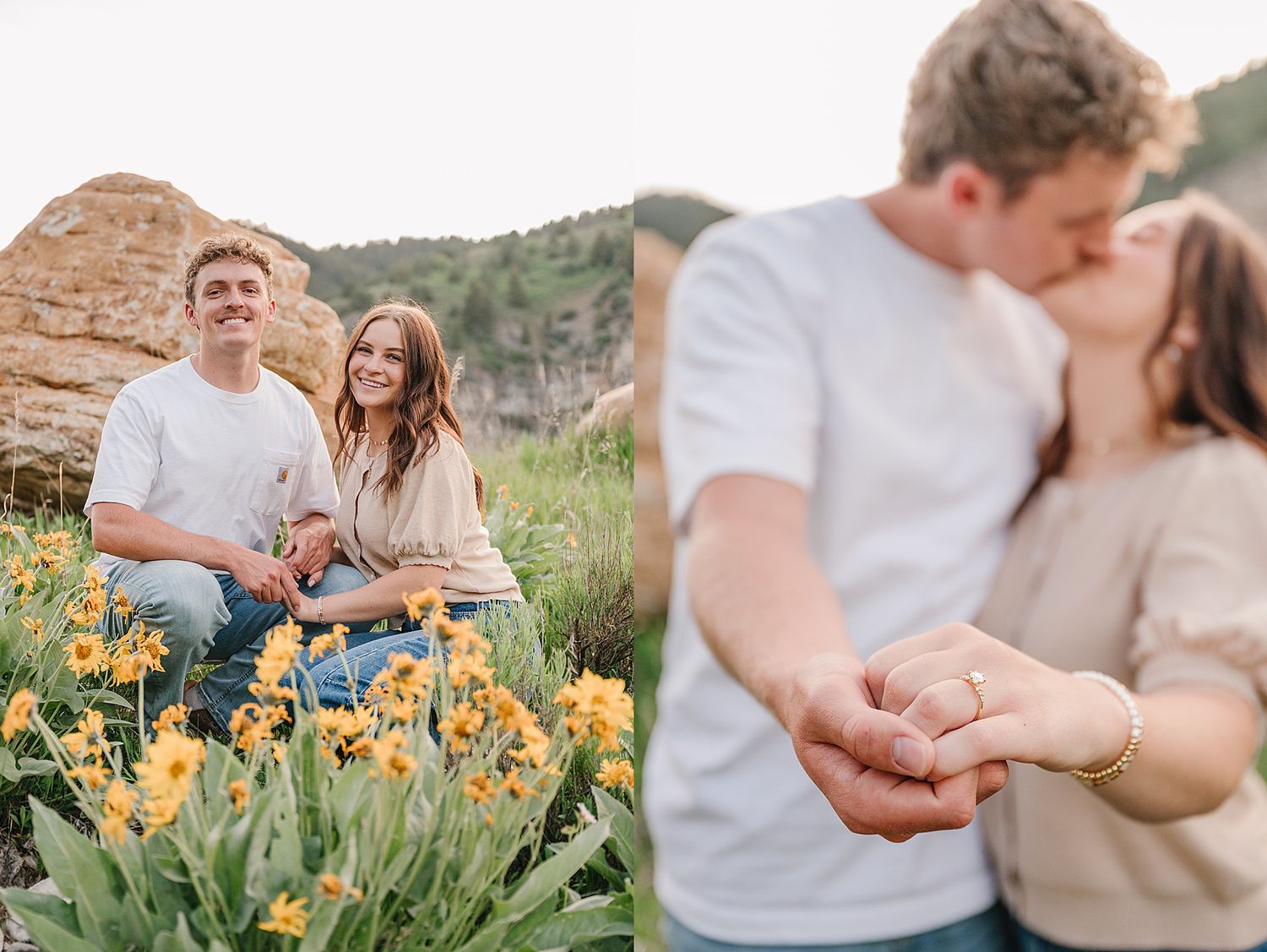 Couple sits on blanket surrounded by blooming yellow tulips near mountain rocks during engagement photoshoot.