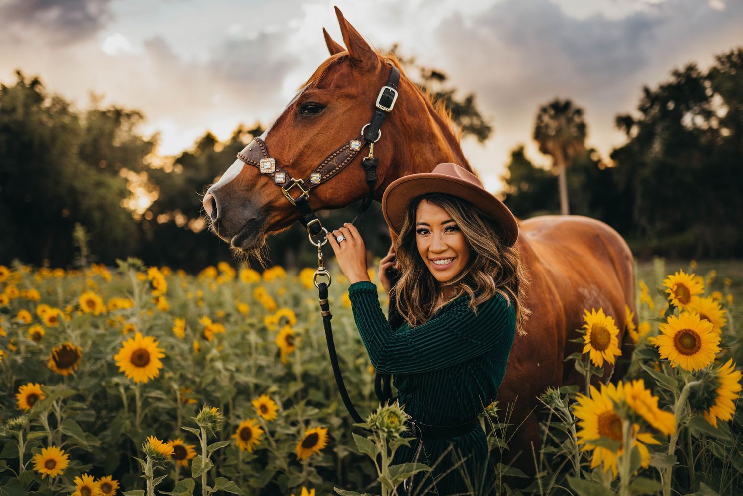 A chestnut horse and someone wearing a black dress and hat stand amid a vibrant field of blooming sunflowers at sunset.