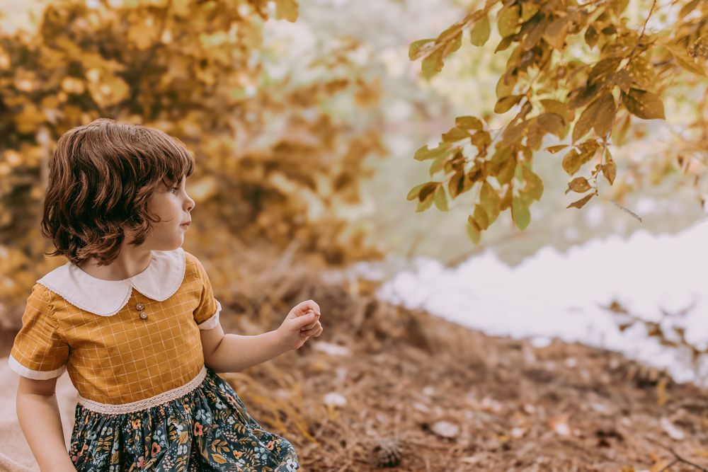 Little girl with bob haircut in fall woods wearing a peter pan collar dress, Virginia, Whitney Popp photographer