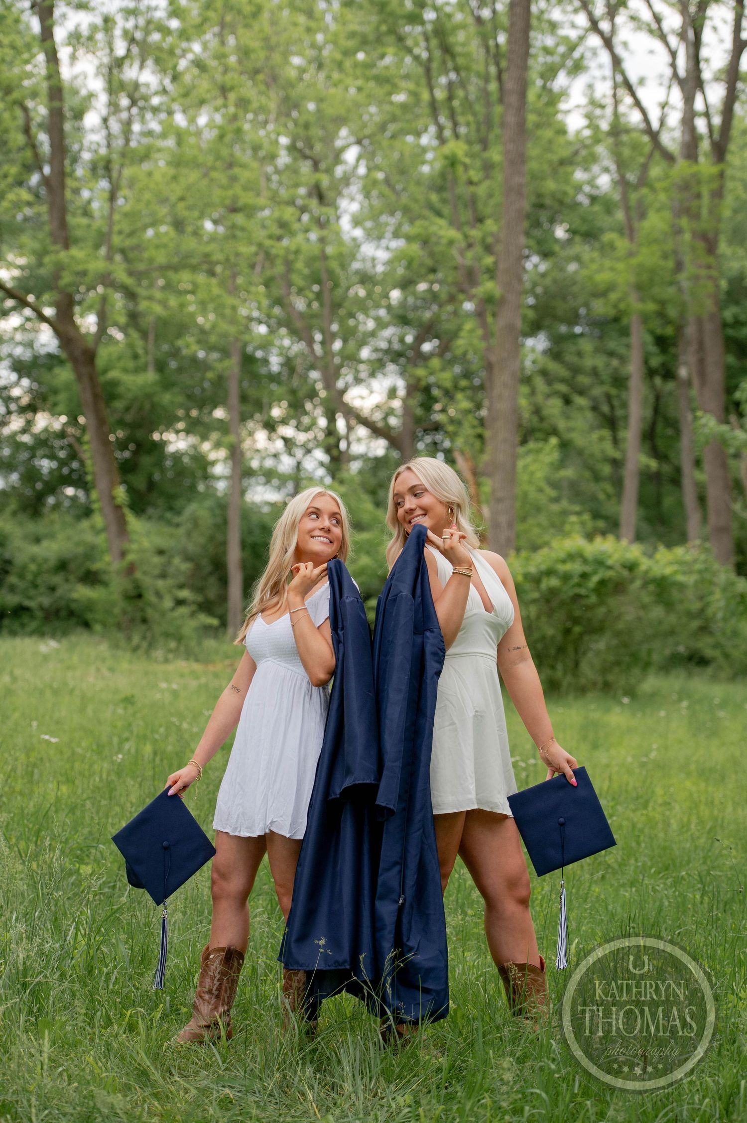 Three playful photos show subjects posing creatively with a navy blue blazer on a grassy field with trees.