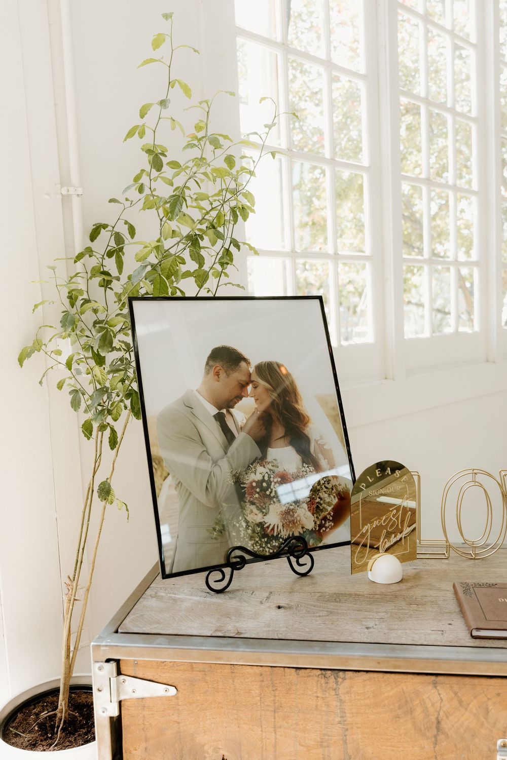 Wedding photo display with potted plant and decorative elements on wooden table.