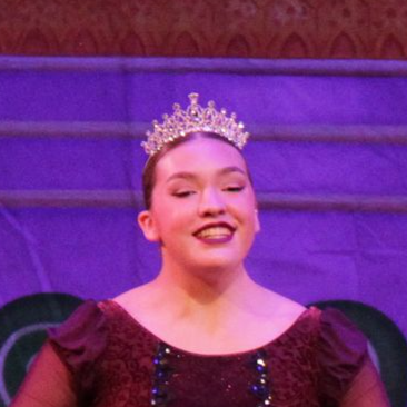 Performer wearing a sparkling burgundy dress and tiara stands on stage with purple lighting.