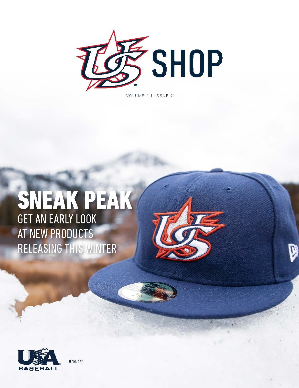 USA Baseball shop catalog cover featuring a navy New Era fitted cap with snowy mountain background.