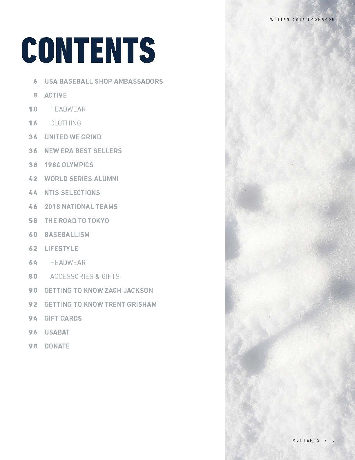 USA Baseball Shop Winter 2016 lookbook table of contents page listing sections including headwear, clothing, and accessories.