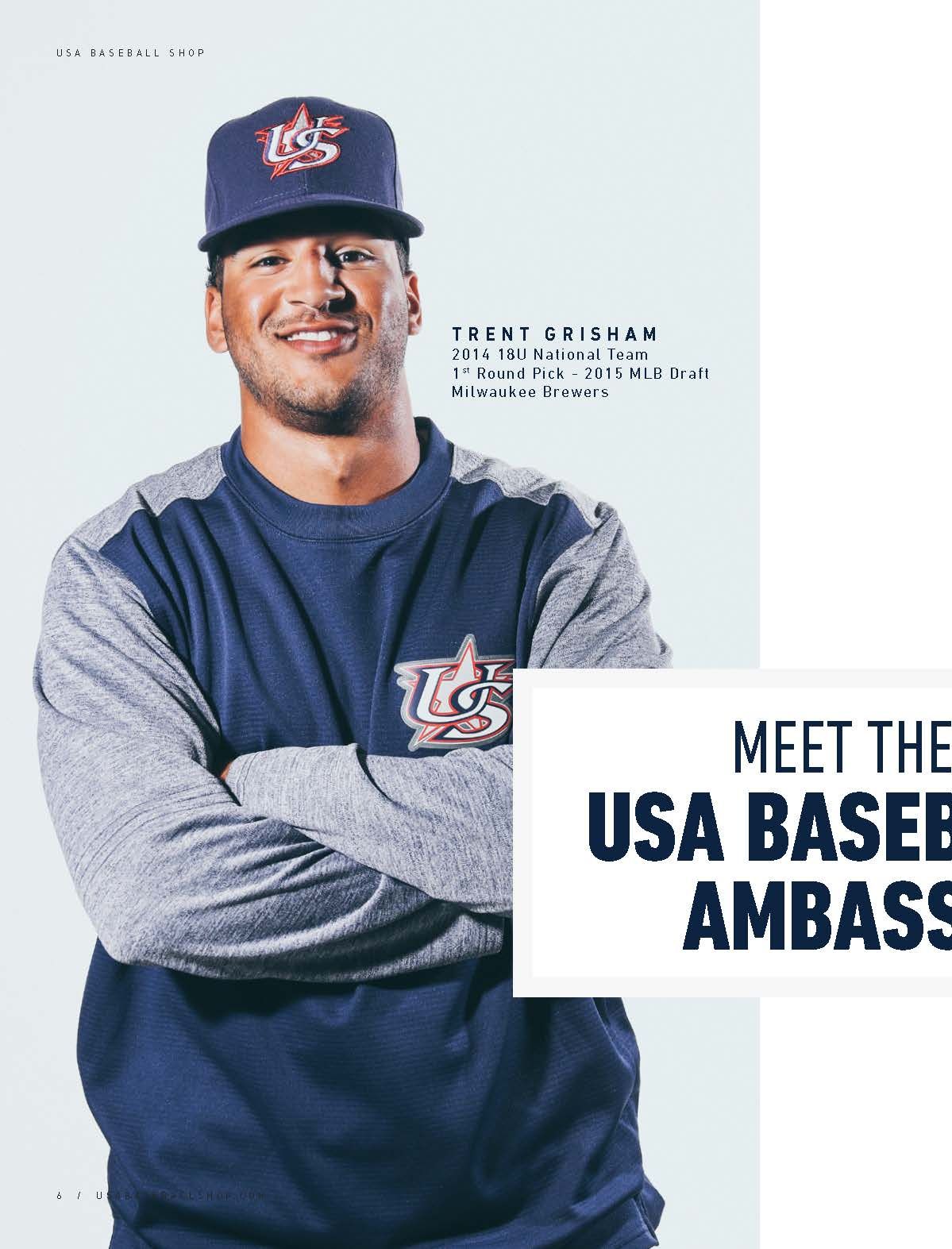 Trent Grisham, 2016 18U National Team and 2015 Milwaukee Brewers draft pick, wears USA Baseball uniform cap.
