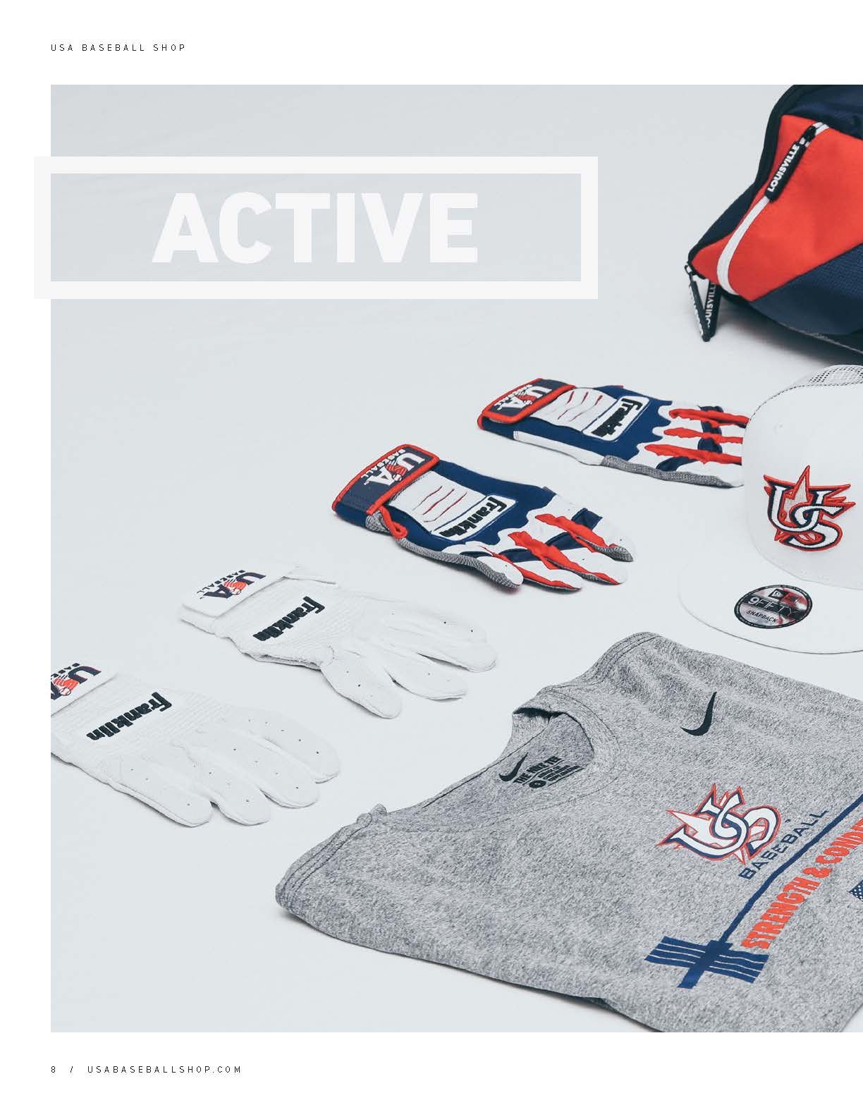USA Baseball active gear collection featuring Franklin batting gloves, Nike shirt, and team accessories on display.