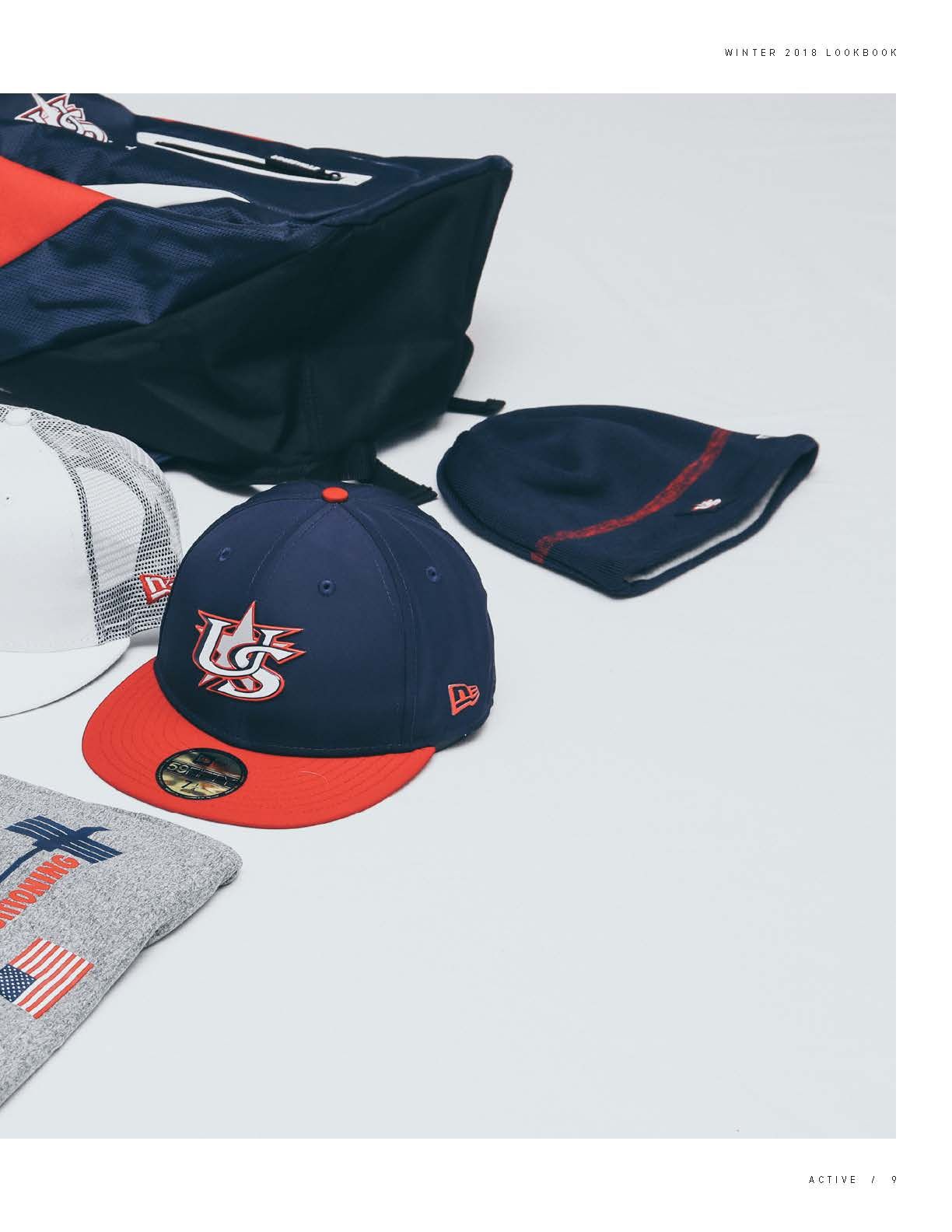 USA Baseball New Era navy and red fitted cap displayed with matching apparel and accessories on white background.