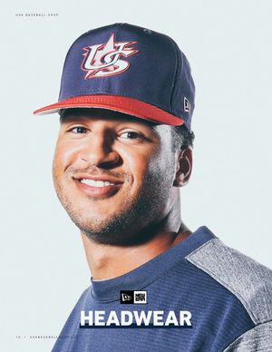 Player wearing USA Baseball New Era navy and red 59Fifty fitted cap for the headwear section of the lookbook.