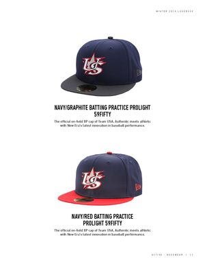 USA Baseball New Era Navy Graphite and Navy Red Batting Practice ProLight 59Fifty fitted caps product display.