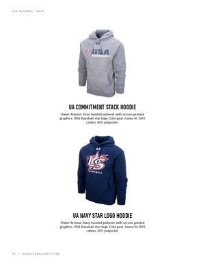 UA Commitment Stack grey hoodie and UA Navy Star Logo hoodie with USA Baseball screen-printed graphics.