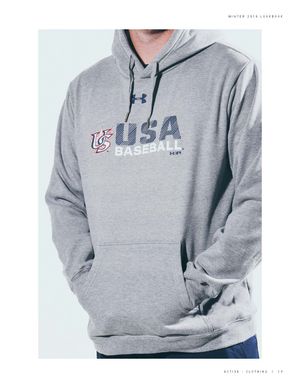 Grey Under Armour UA Commitment Stack hoodie featuring USA Baseball screen-printed graphics on front.