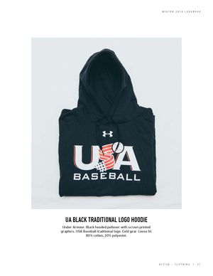 Black Under Armour Traditional Logo hoodie with USA Baseball screen-printed graphics, 80% cotton.