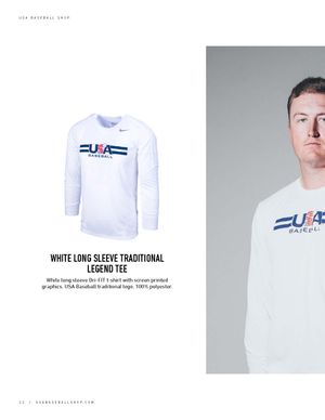 White Nike long sleeve Dri-FIT Traditional Legend Tee with USA Baseball screen-printed graphics.