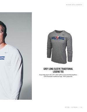 Grey Nike long sleeve Dri-FIT Traditional Legend Tee with USA Baseball traditional logo screen-printed.