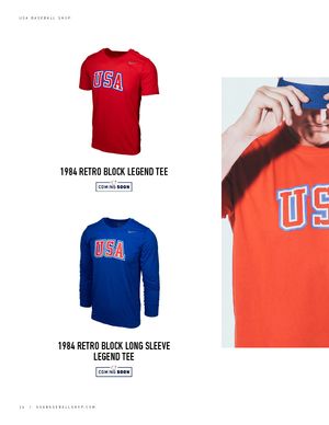Nike USA Baseball 1984 Retro Block Legend Tee in red and long sleeve in blue, both coming soon.