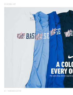 USA Baseball Nike long sleeve Legend Tees displayed in white, light blue, and royal blue colorways.