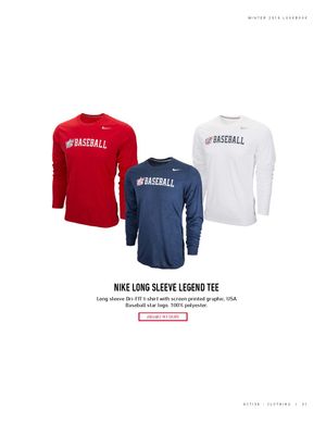 Nike Long Sleeve Legend Tee in red, navy, and white with USA Baseball star logo, 100% polyester.