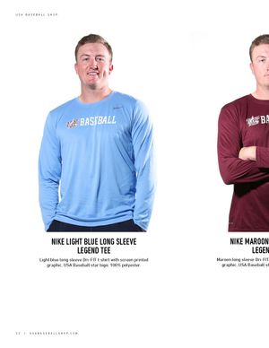 Men modeling Nike USA Baseball Light Blue and Maroon Long Sleeve Legend Tees with screen-printed graphic.