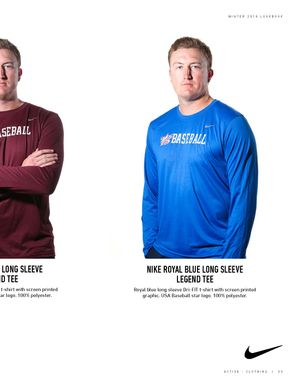 Men modeling Nike USA Baseball Maroon and Royal Blue Long Sleeve Legend Tees with screen-printed graphic.