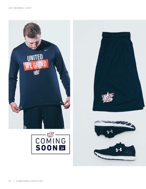 Navy USA Baseball shop outfit with United We Grind long sleeve shirt, navy shorts with logo, and black Under Armour sneakers.