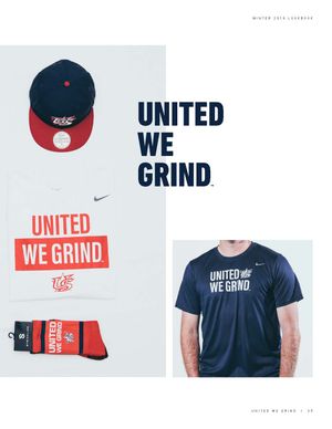 USA Baseball United We Grind Nike apparel collection featuring navy cap, white tee, socks, and navy short sleeve shirt.