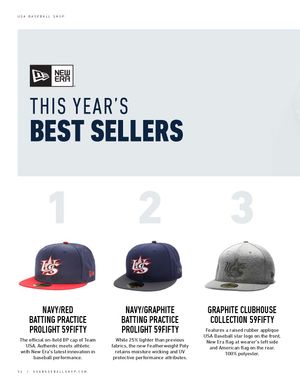 New Era best selling USA Baseball caps including Navy Red and Navy Graphite ProLight and Graphite Clubhouse 59Fifty hats.
